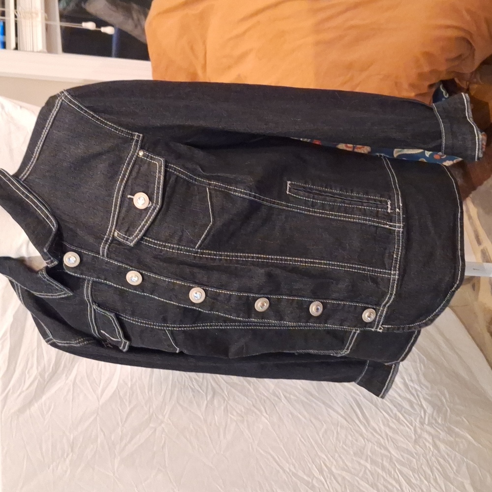Black denim jacket with rhinestone buttons